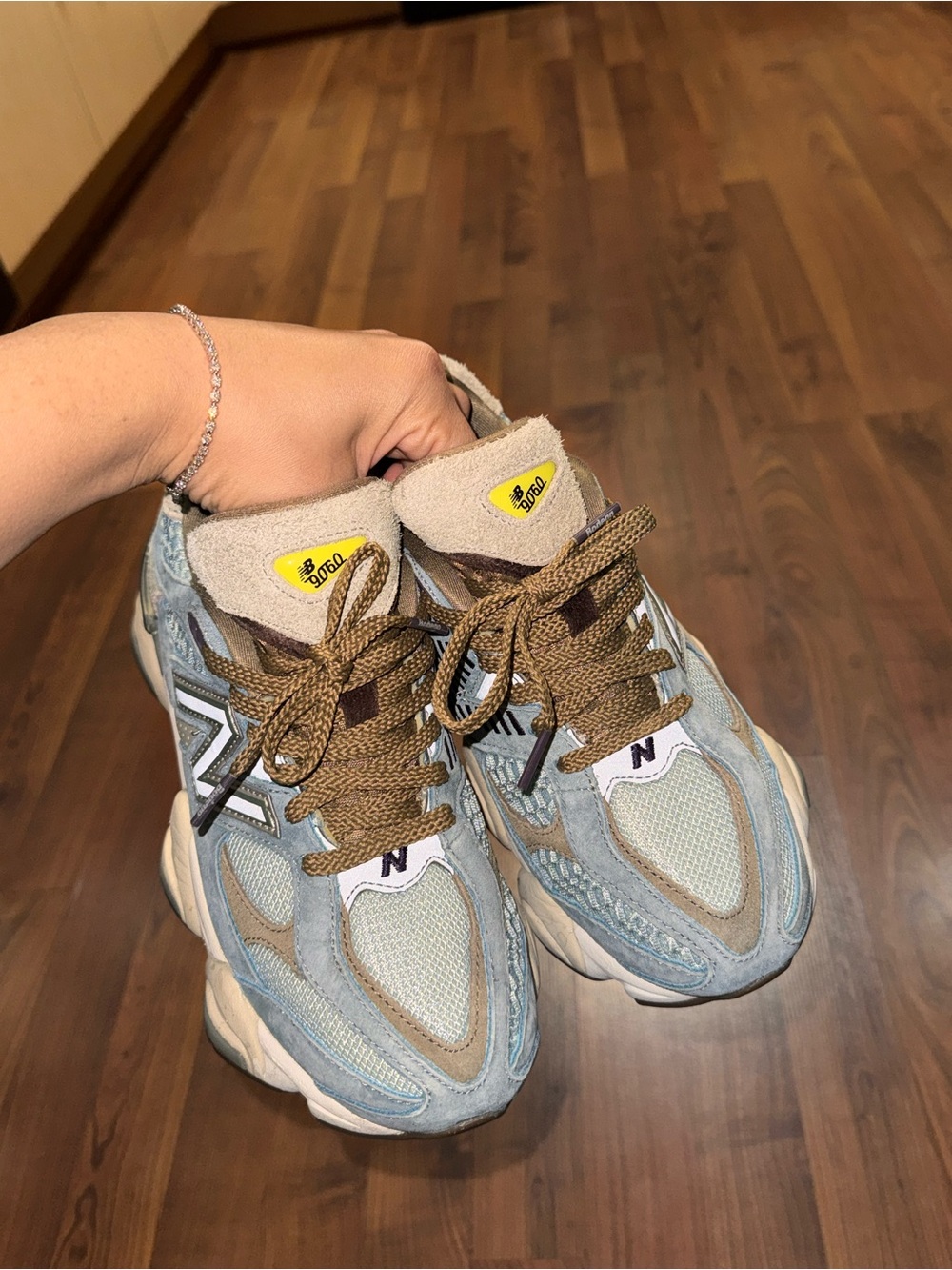 New Balance Women’s Light Blue and Tan Sneaker Pair